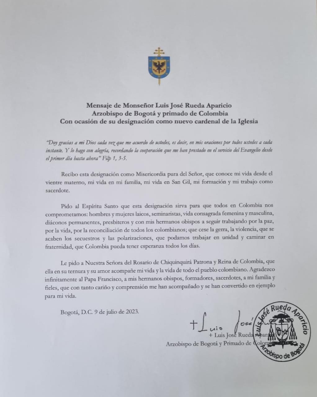 Mensaje Monseñor Jose Luis Rueda Aparicio