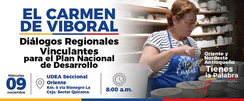 El Gobierno nacional en cabeza del Ministerio de Tecnologías de la Información y las Comunicaciones (MinTIC) y el Departamento Nacional de Planeación (DNP) invitan a los habitantes del Oriente y Nordeste Antioqueño a participar en el Diálogo Regional Vinculante del Carmen de Viboral (Antioquia), que se realizará el miércoles 9 de noviembre, en la Universidad de Antioquia seccional oriente a partir de las 8:00 a.m.
