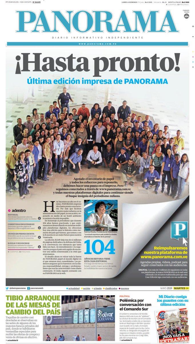 El periódico zuliano Diario Panorama anunció que dejará de circular en su edición impresa desde este martes 14 de mayo, debido a la falta de papel. 